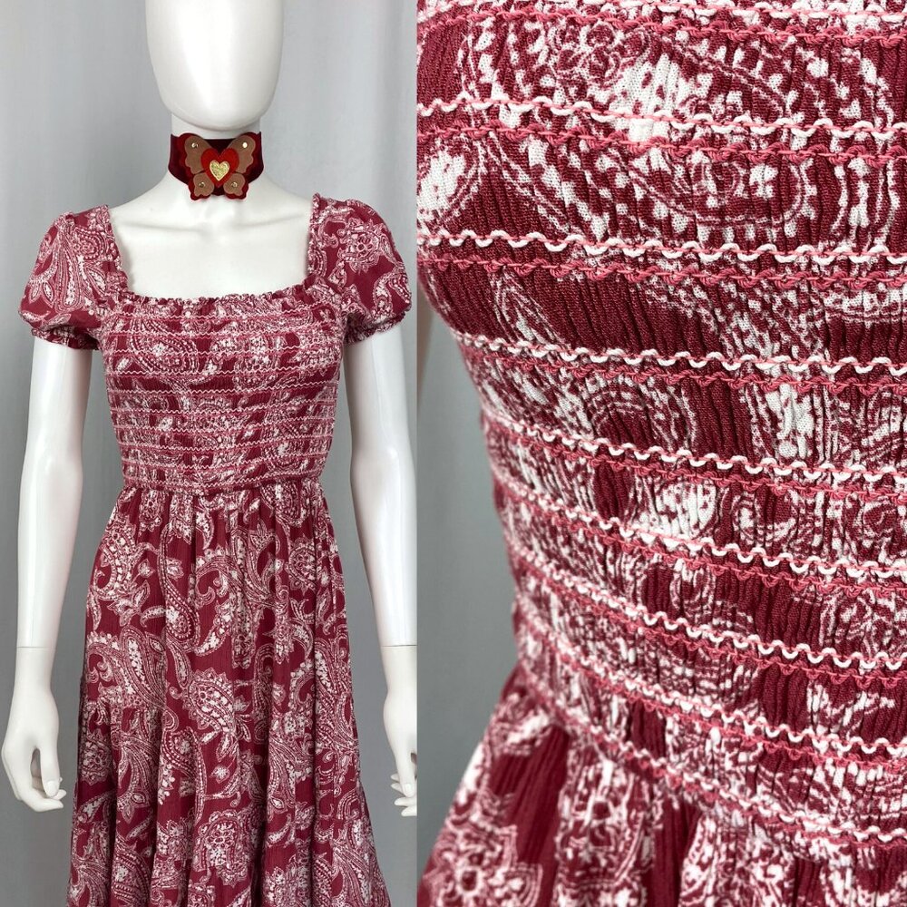 Storia boho prairie smocked square neck paisley cerise pink maxi dress small
